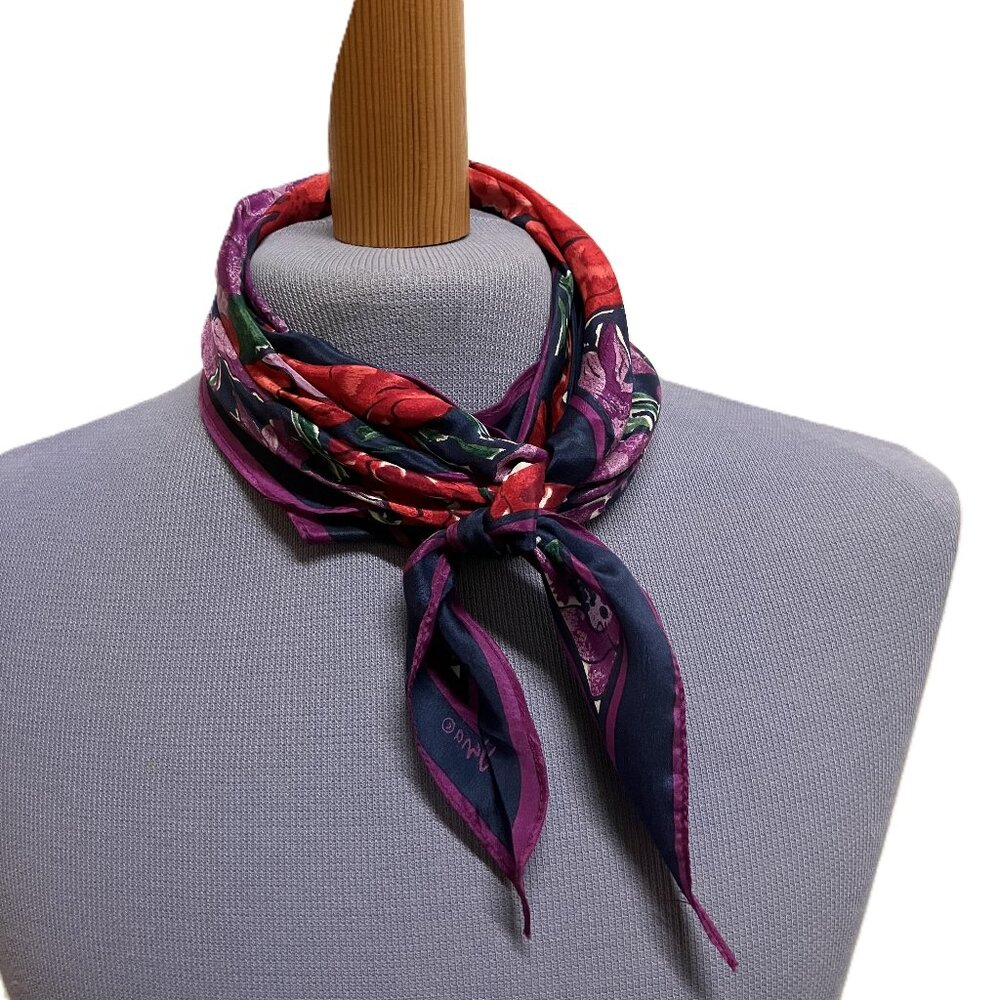 Vera Neumann Floral Print Silky Scarf Blue Purple Vintage Hair Bow Tie Headband
